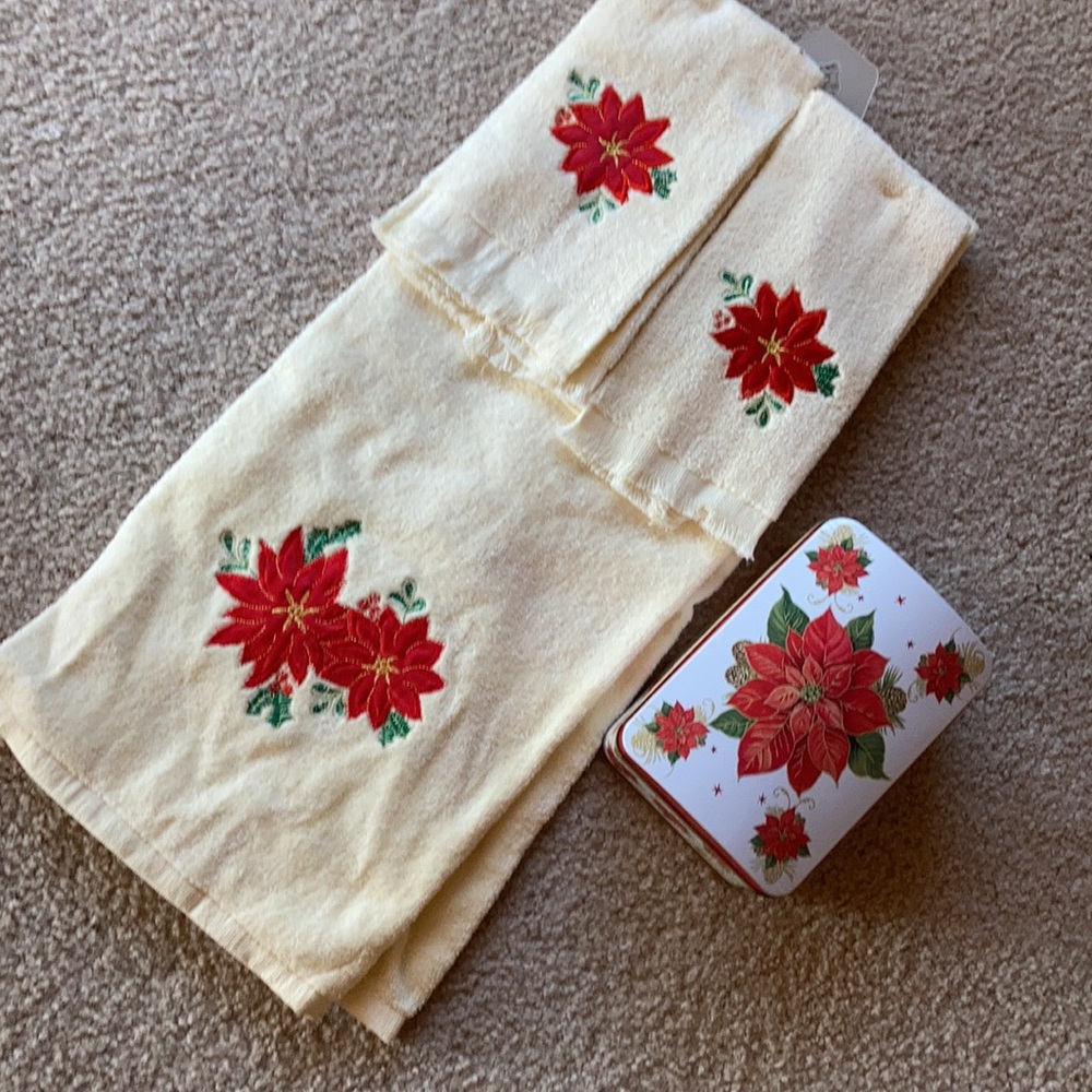 Christmas tin and towel set. Ivory/red/white. NWT